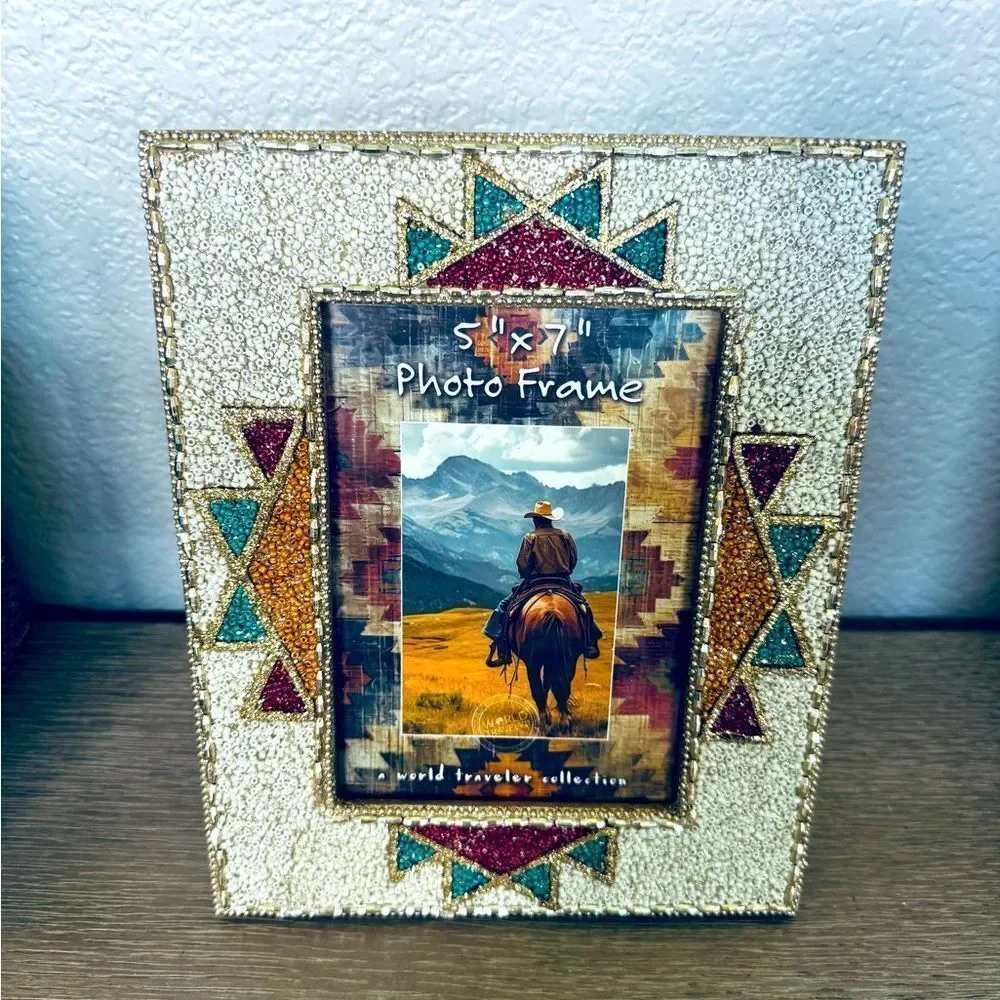 Southwest Western Aztec Tribal Beaded Blue Picture Frame
